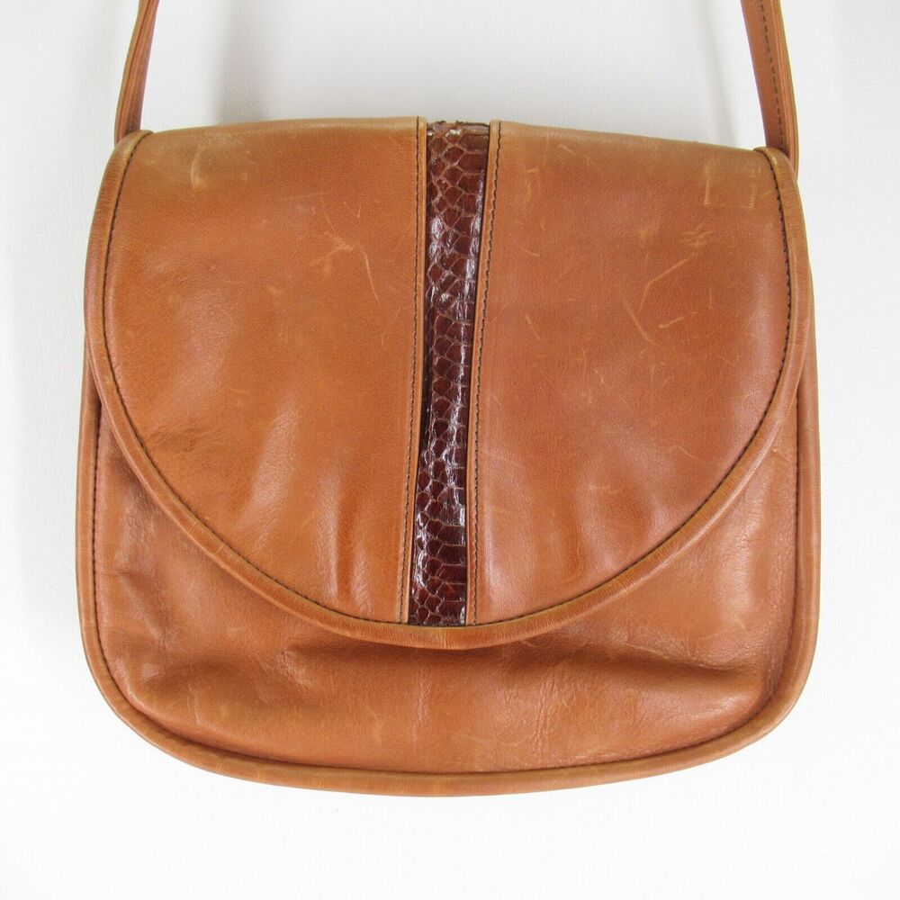 Vintage Saddle Bag Handbag Women Brown Leather Croc Stripe Purse Shoulder Bag